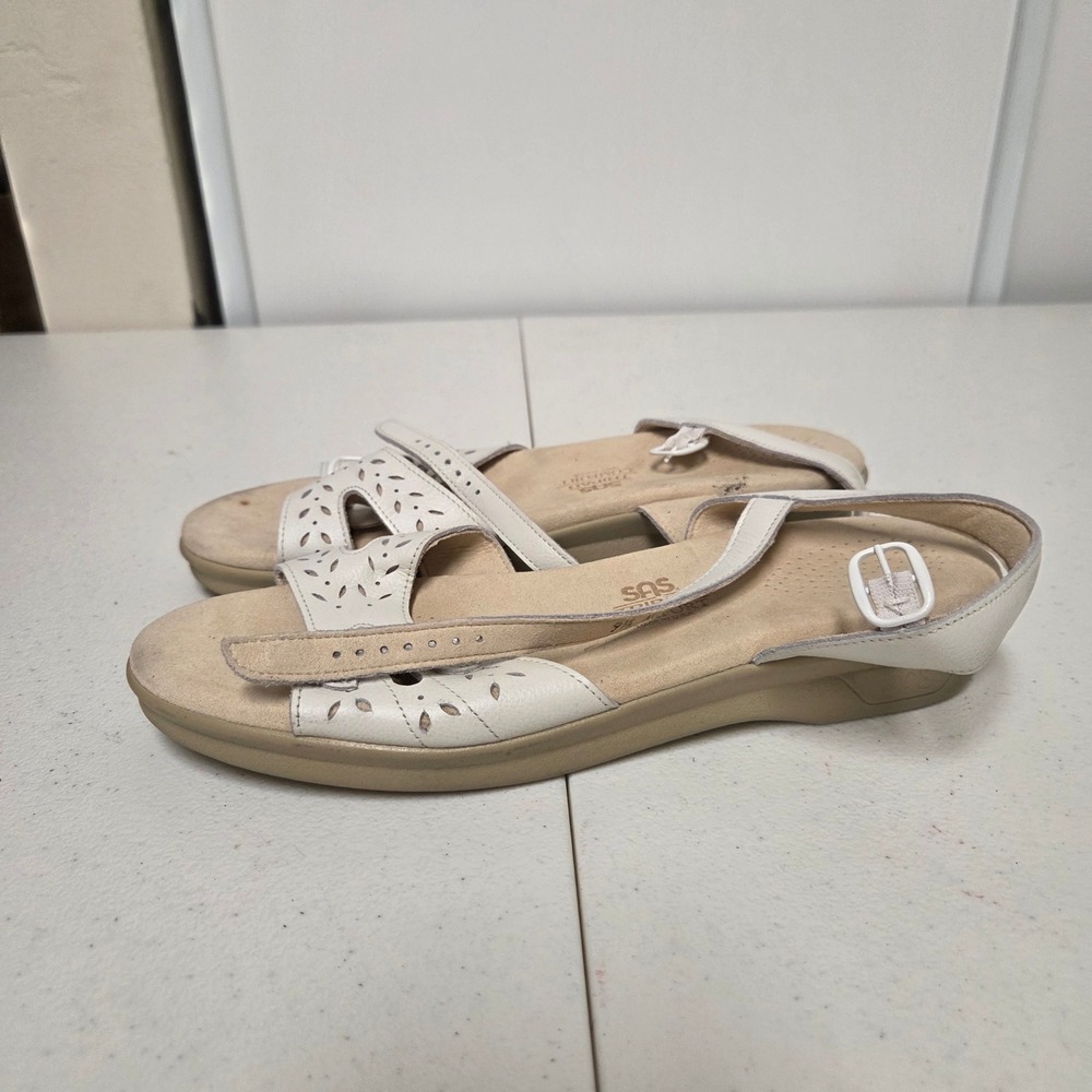 SAS Pampa White Leather Perforated Triple Strap Comfort Sandals Womens 9.5 N
